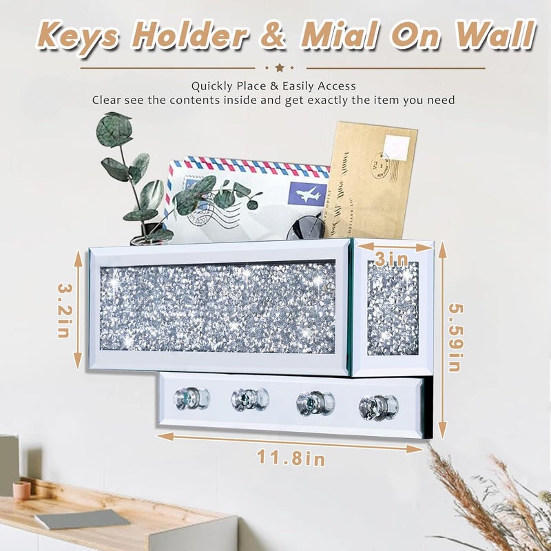WALTSOM Crushed Diamond Key and Mail Holder for Wall, Crystal Mail Organizer Wall Mount, Mirror Mail and Key Holder Wall Mount for Entryway and Home Decor - Image 5